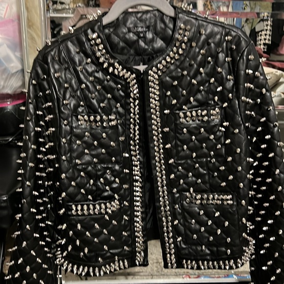 For Her NYC Black Moto Faux Spiked Leather Jacket - Picture 4 of 4